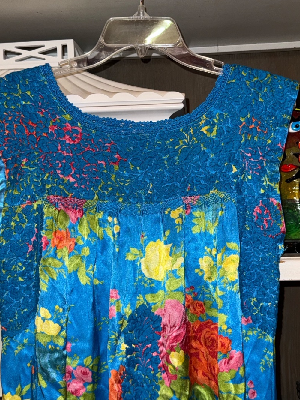 Mi Golondrina mexico Small s blue floral silky midi dress - Picture 3 of 6
